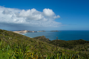 Scenic Coastal Landscape with Green Hills and Blue Ocean