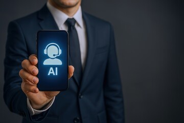 AI Powered Customer Support: Man Holding Phone Displaying Artificial Intelligence Customer Service Icon
