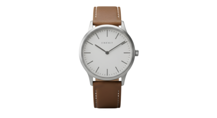 Silver watch with brown leather band shows minimalist style for product photography, branding materials, and social media visuals.