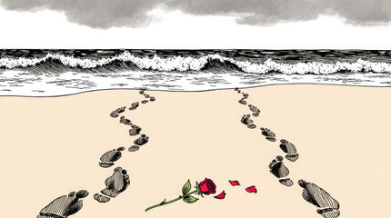 Generative AI Footprints, Rose, and Ocean Illustration Beach Footprints Sand Sea Waves Rose Flower Petals Drawing Path Shoreline Coast Water Sky Clouds Loss Memory Journey - Download Now