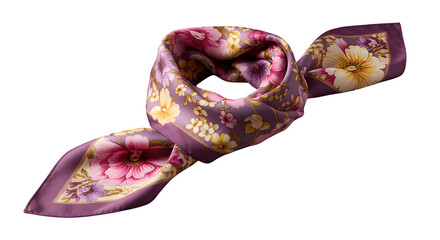 Purple silk scarf with floral print is illuminated on black. Great for product staging, branding mockups, social media design, and print materials.