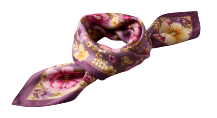 Purple silk scarf with floral print is illuminated on black. Great for product staging, branding mockups, social media design, and print materials.