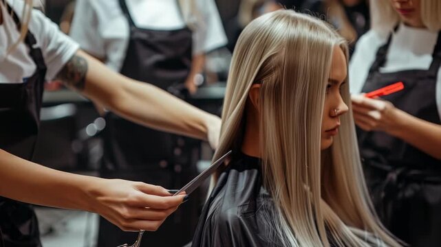 A woman with long blonde hair sits in a hair salon receiving a haircut from a stylist. Other stylists can be seen in the background. The environment is clean and professional.