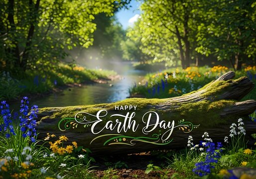Earth day celebration in serene forest with lush greenery and flowers for eco-friendly design and nature appreciation - Powered by Adobe