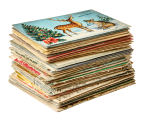 A beautiful collection of vintage Christmas cards stacked together.