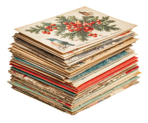A stack of vintage postcards with lovely festive illustrations of birds and plants.