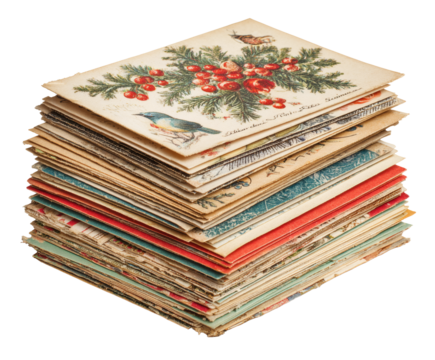 A stack of vintage postcards with lovely festive illustrations of birds and plants.