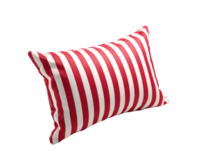 A red and white striped pillow, ideal for adding a touch of comfort and style to any living space.