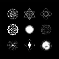 Nine white geometric shapes arranged on a black background with intricate line work and textures seen