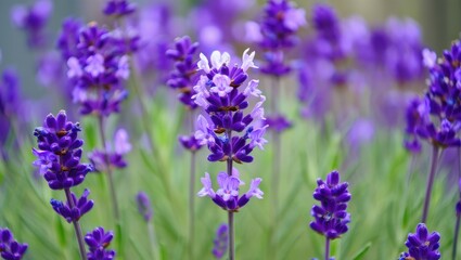 Fototapeta premium Close up of beautiful lavender flower in field with purple and violet color