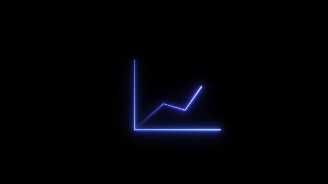 Neon blue  color business graph growth concept animation.  A business graph icon typically depicts a line or bar chart with axes and data points on black background.