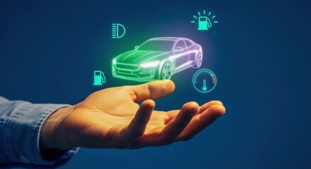 Automotive Technology Concept: Hand Presenting Hologram Car with Fuel and Dashboard Icons Against Dark Blue Background