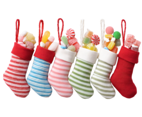 Christmas stockings overflowing with colorful candies, ready for the holidays.