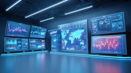 Futuristic Control Room Displays Global Data Analysis, Financial Charts, and Telecommunications Network Monitoring