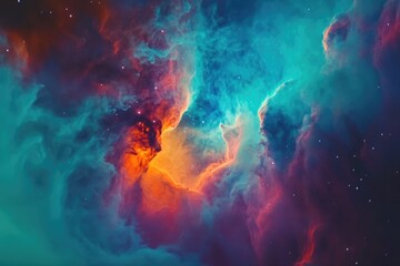 A vibrant nebula, cosmic clouds of orange, teal, and purple hues swirl amongst scattered stars.