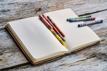An open notebook with colorful crayons rests on a rustic wooden surface, ready for creative expression.