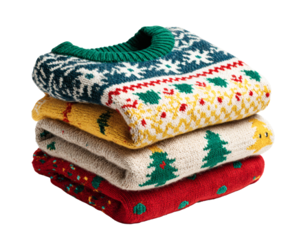 A colorful stack of festive Christmas sweaters, perfect for the holidays.