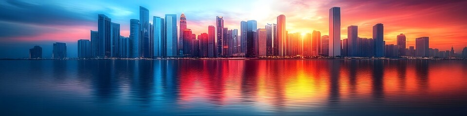 Obraz premium City skyline sunset reflection cityscape urban landscape scenic view travel destination background wallpaper