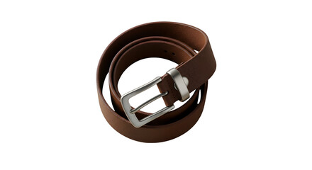 Brown leather belt, silver buckle, against a black backdrop for product photography or e-commerce displays.