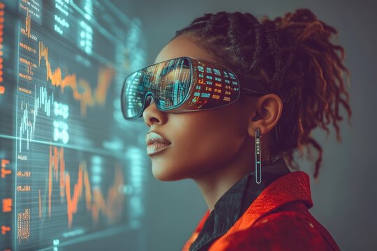 A woman wearing futuristic glasses analyzes data displayed on a large screen, showcasing technological advancements in data analysis.