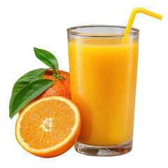 Refreshing orange juice with fresh fruit isolated on transparent background