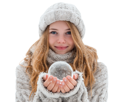 A smiling young woman holds a snow globe in winter, looking joyful and happy.