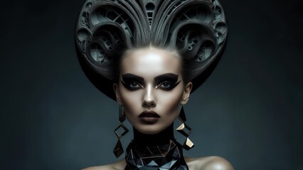 Woman with elaborate, dark headpiece