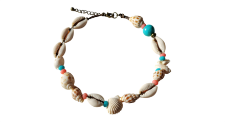 Creamy Shells, Colorful Beads Necklace on Black. Shows Jewelry, Beach Style. Excellent for e-commerce, summer posters, and social media ads.