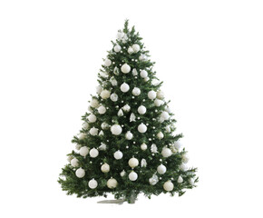 Fototapeta premium An elegant Christmas tree decorated with white ornaments stands tall on a clear background.