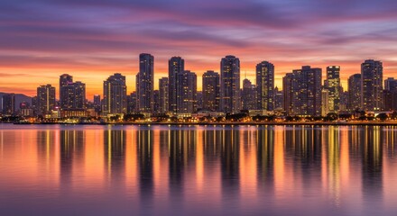 Fototapeta premium City Skyline Sunset Reflection: Stunning Urban Landscape with Vibrant Colors.