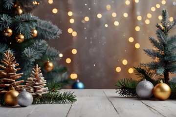 Christmas tree, balls, lights on white wooden table, copy space, blurred bokeh. Christmas mock up banner to display, advertise product, promotion sale, presentation. New year, winter backgrounds.