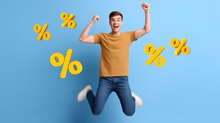 A young man joyfully jumping against a blue background, celebrating a sale with yellow percentage signs around him, ideal for promotional materials, ideal for advertising, marketing