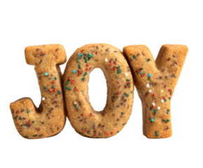 Delicious 'JOY' cookies decorated with colorful sprinkles on a black background.