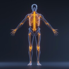 3D illustration of a human skeleton with highlighted joints and spine in blue and orange against a dark background for educational purposes, ideal for advertising, marketing, website backgrounds