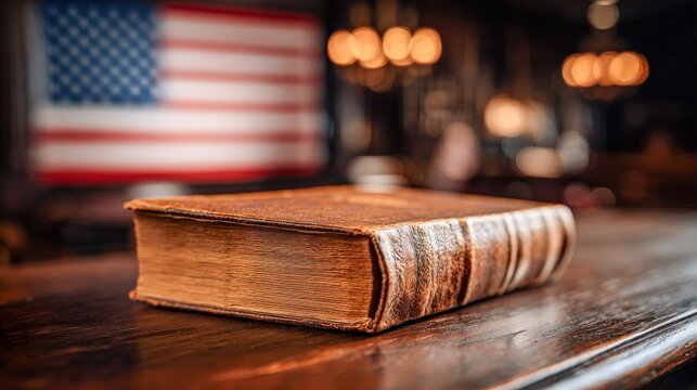 Antique Legal Book on a Wooden Table with American Flag Background, Law, History, and Justice