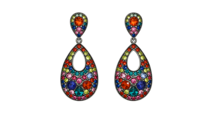 Colorful Jewel Earrings glisten against a dark background. Ideal for e-commerce product photography, jewelry store marketing, fashion ads, or lifestyle blog posts.