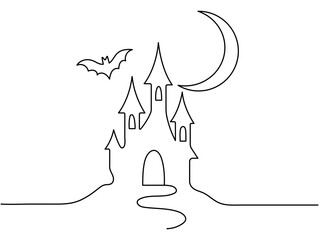 Halloween castle silhouette. Outline black drawing for Halloween. Hand drawn isolated graphic clipart. Line illustration with mansion for creepy invitation decor, horror. Simple Doodle style.