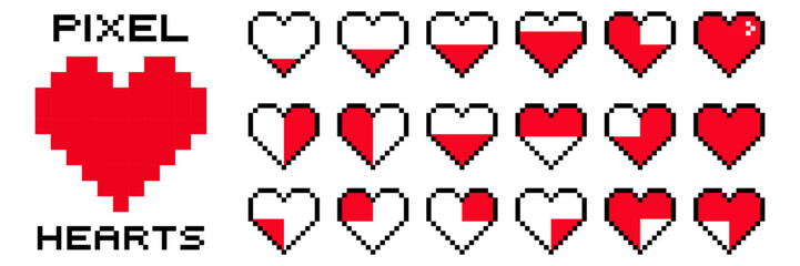 Pixel heart icon set with different hearts