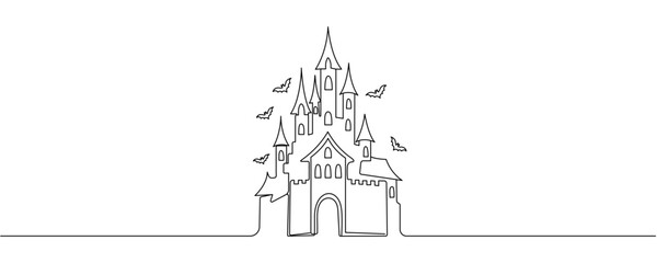 Halloween castle silhouette. Outline black drawing for Halloween. Hand drawn isolated graphic clipart. Line illustration with mansion for creepy invitation decor, horror. Simple Doodle style.