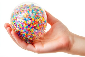 A hand gently holds a transparent sphere filled with colorful confetti, symbolizing celebration and joy.