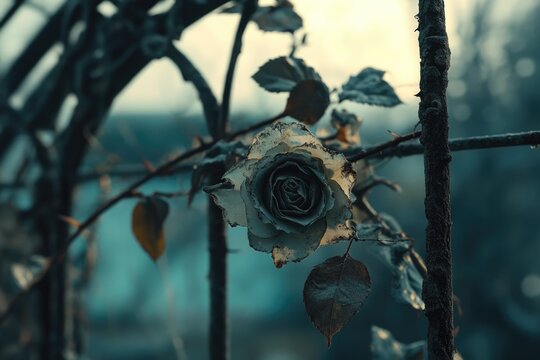 A withered rose, grey and dusty, clings to a thorny vine, a poignant image of autumn's end.