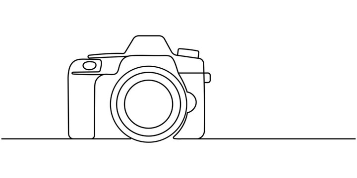 Line drawing photo camera. Single draw photo icon, line art photography camera outline, continuous monoline drawing Editable stroke