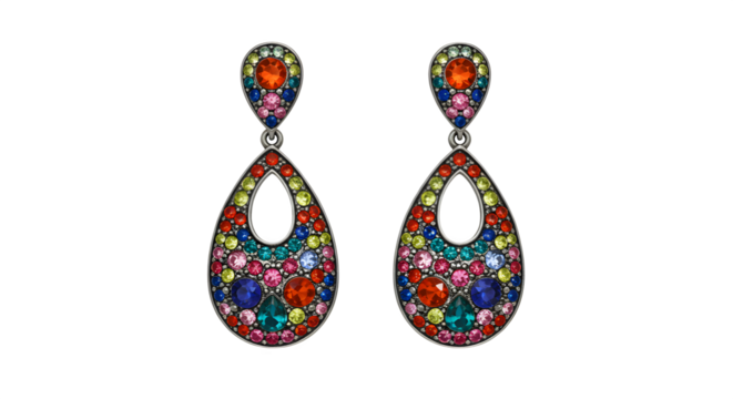 Colorful Jewel Earrings glisten against a dark background. Ideal for e-commerce product photography, jewelry store marketing, fashion ads, or lifestyle blog posts.