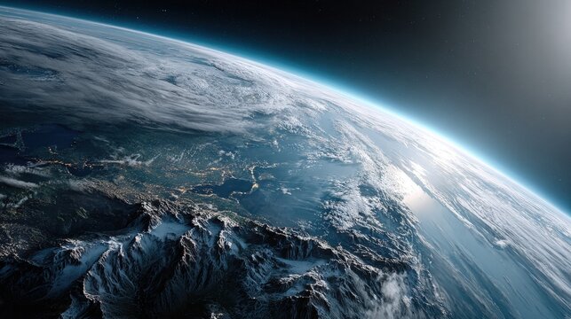 Earth viewed from space, highlighting continents and atmospheric layers. - Powered by Adobe
