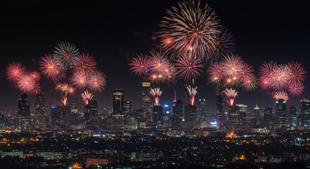 Obraz premium Cityscape Fireworks Celebration: A Nighttime Spectacle