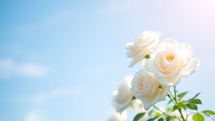 Obraz premium White roses in full bloom against a soft blue sky, sunlight creating a natural bokeh effect around them.