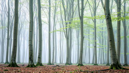 Tall, slender trees in a misty forest desktop wallpaper