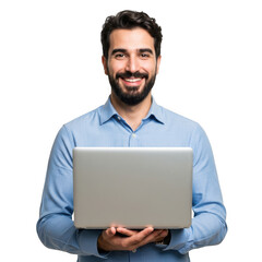 Smiling man with beard wearing a blue collared shirt holding a silver laptop computer isolated on transparent background