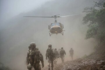 Military helicopter hovers above uniformed soldiers walking on a muddy path in dense mist during a challenging operation