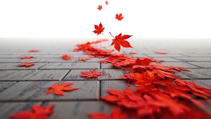 Falling red maple leaves on a wooden floor isolated on white background